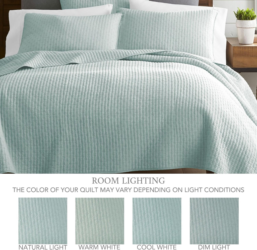 Levtex Home Cross Stitch Reversible King/Cal King Quilt Set (106x92in) with 2 Pillow Shams (36x20in) - Stitch Texture - Blue Haze - Cotton King Size Quilt Bedding Set - Lightweight, Soft, Pre-Washed