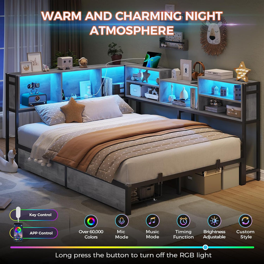 DICTAC Corner Full Bed Frame with Bookcase Storage and Led Lights Metal Platform Bed Frame with 2 Drawers & Charging Station Full Size Daybed with Storage for Living Room,Bedroom,Guest Room,Oak Gray