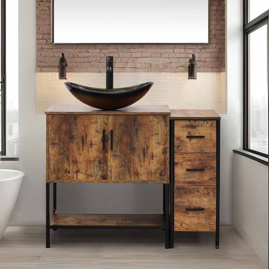 UEV 42' Rustic Brown Bathroom Vanity with Sink Combo,Industrial Iron Frame Bathroom Cabinet Sets with 3 Drawers Side Cabinet,Modern Champagne Boat Tempered Glass Vessel Sink(029CH)