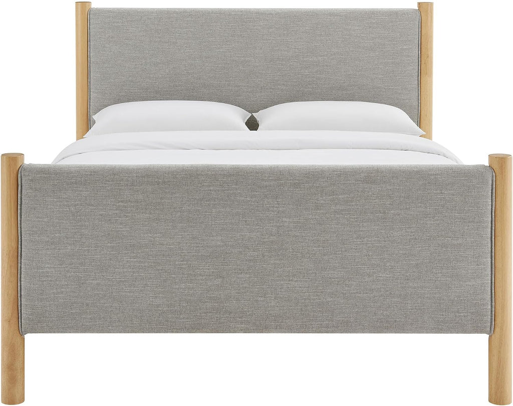 Modway Maven Queen Size Bed Frame in Wheat Oak with Upholstered Fabric Headboard and Footboard – Wood Queen Platform Bed Frame – No Box Spring Needed