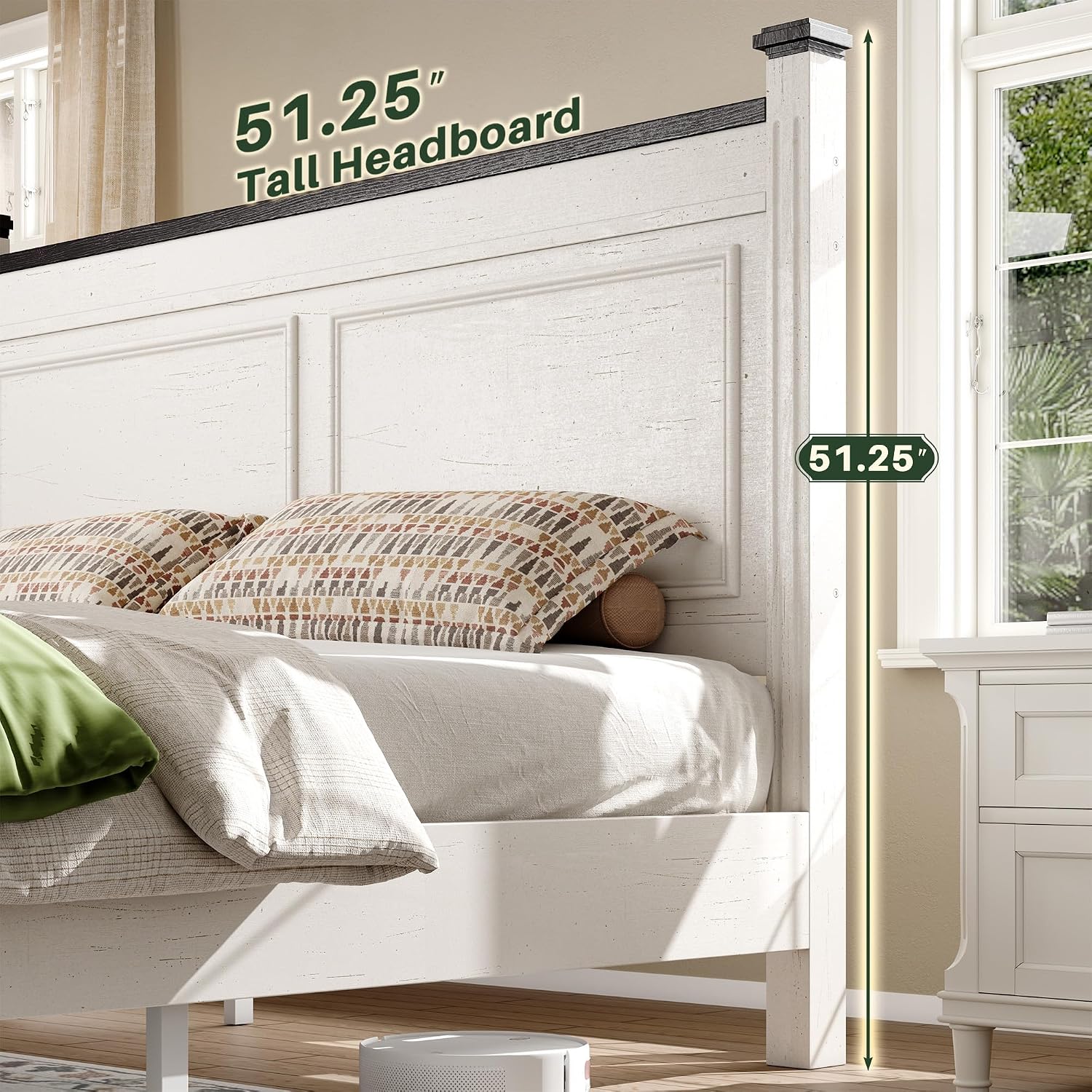 Homkdom Queen Bed Frame with Tall Headboard, Bed Frame Queen Size with 2 StorageDrawers, Farmhouse, Wooden, No Noise, No Box Spring Needed, White
