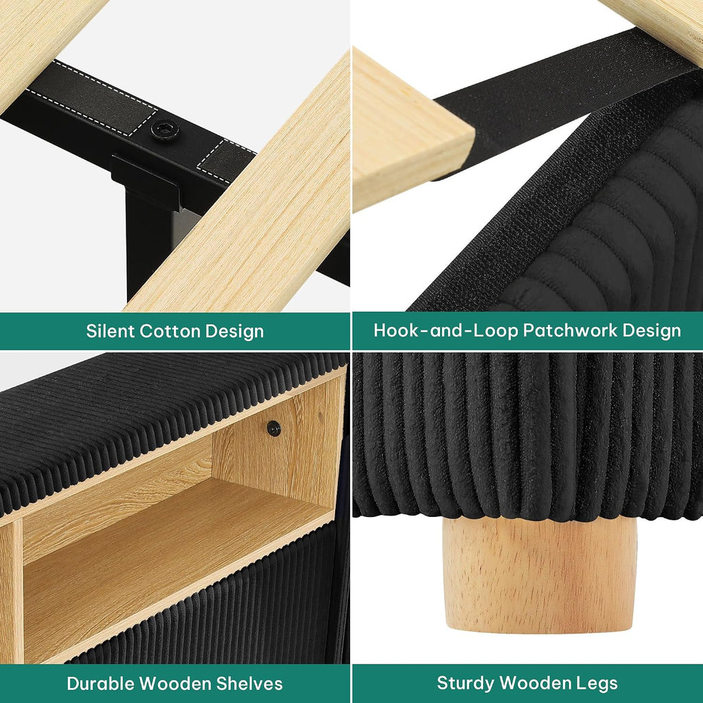 DWVO King Size Corduroy Upholstered Platform Bed Frame with Charging Station and RGB LED Lights, 53'' Tall Storage Wingback Headboard, No Box Spring Needed, Easy Assembly, Noise-Free, Black