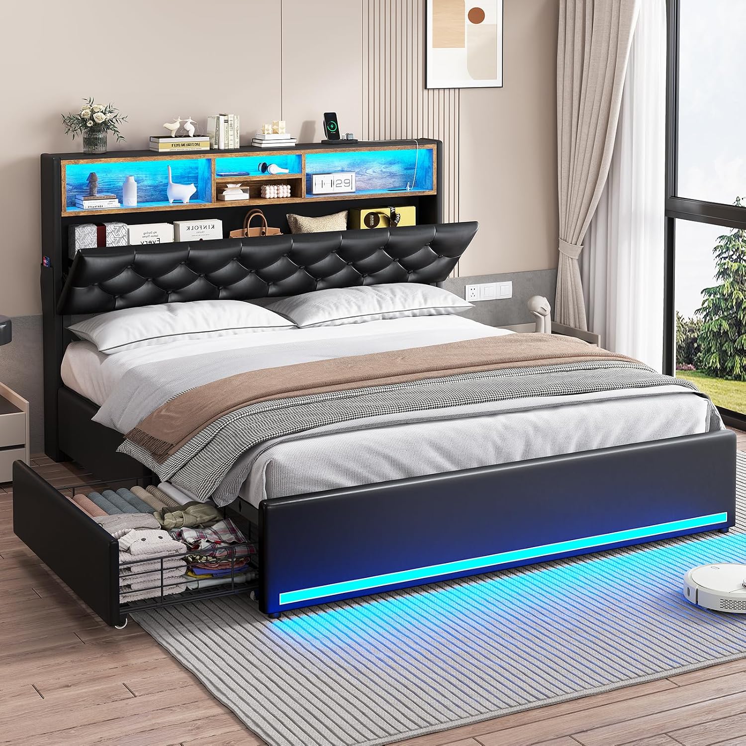 HAUOMS Full Bed Frame with 3-Tier Headboard & Hidden Storage, Upholstered LED Bed with 4 Drawers and Charging Station,Platform Metal Bed Frame with Storage, No Box Spring Needed, PU Black