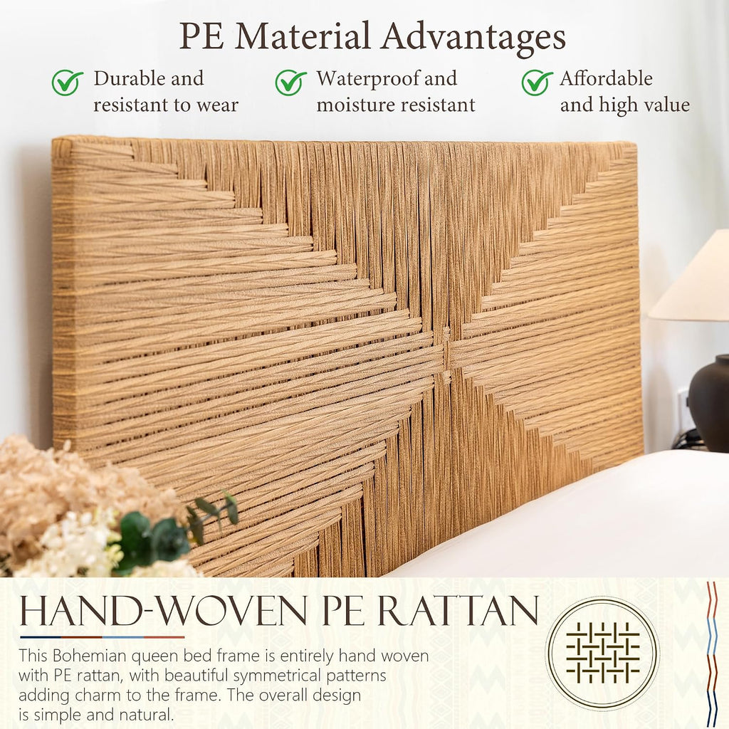 Yechen Queen Rattan Style Boho Bed Frame with Headboard and Footboard, Mid Century Modern Hand-Woven Wicker Bedframe with Vintage Pattern, Bamboo Bed with Metal Slats, No Box Spring Needed, 1000lbs