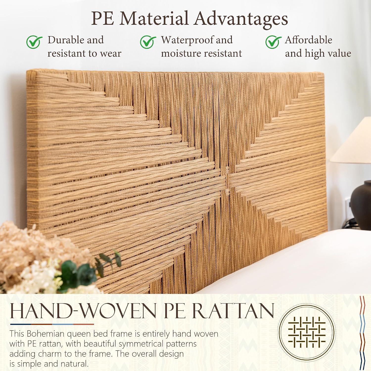 Yechen Queen Rattan Style Boho Bed Frame with Headboard and Footboard, Mid Century Modern Hand-Woven Wicker Bedframe with Vintage Pattern, Bamboo Bed with Metal Slats, No Box Spring Needed, 1000lbs
