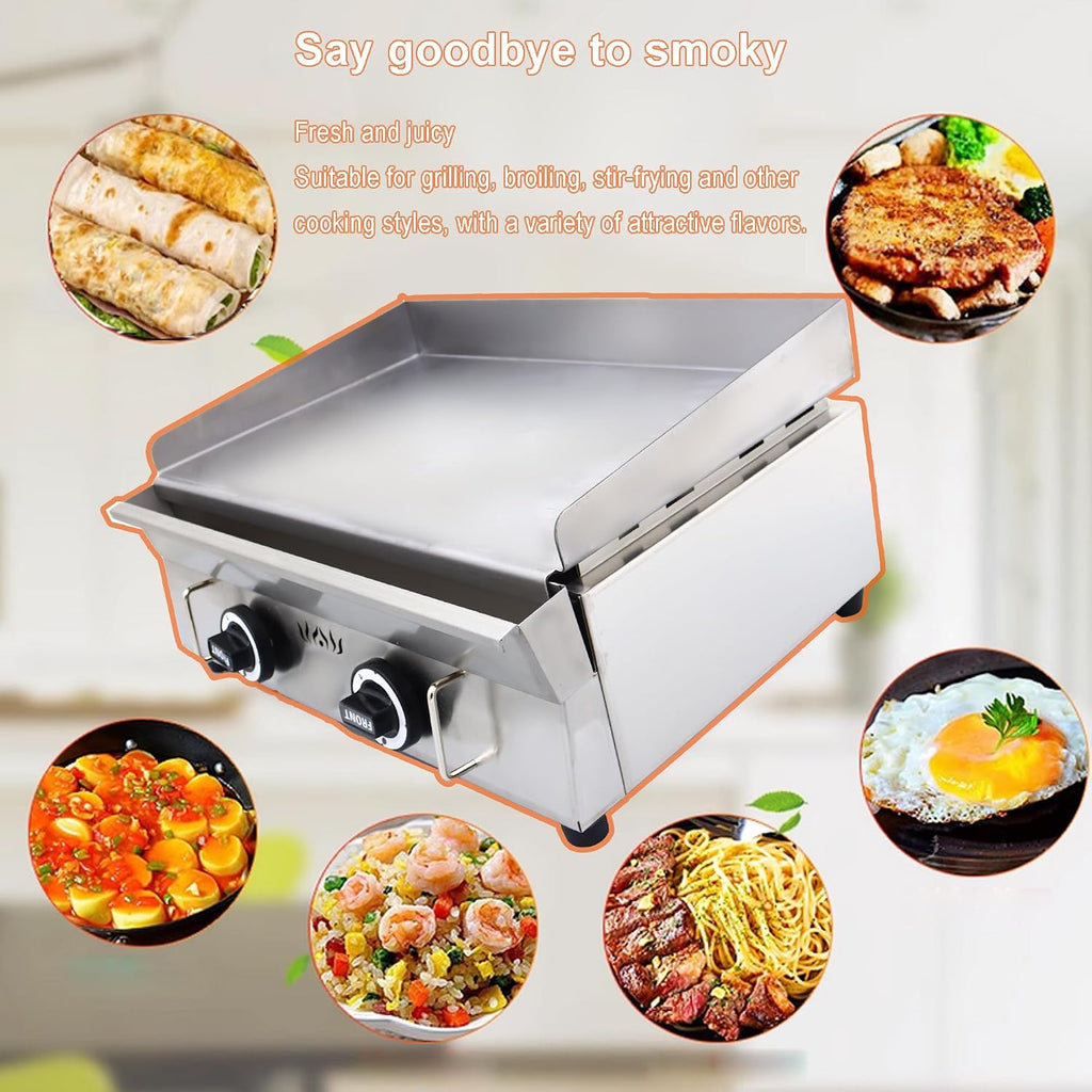LPG Gas Grill Griddle 2 Burners Camp Countertop Stainless Steel Flat Cooking Grill 2800Pa Hot Plate Stove Outdoor Kitchen Pancakes Maker Machine with Adjustable Temperature Control