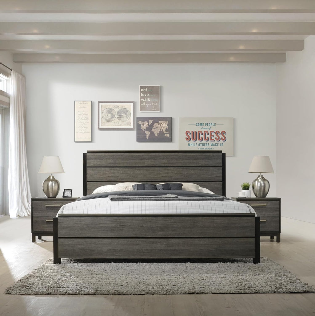 Roundhill Furniture Ioana Antique Grey Finish 3-Piece Wood Bed Room Set, Queen Size Bed and Two Nightstands