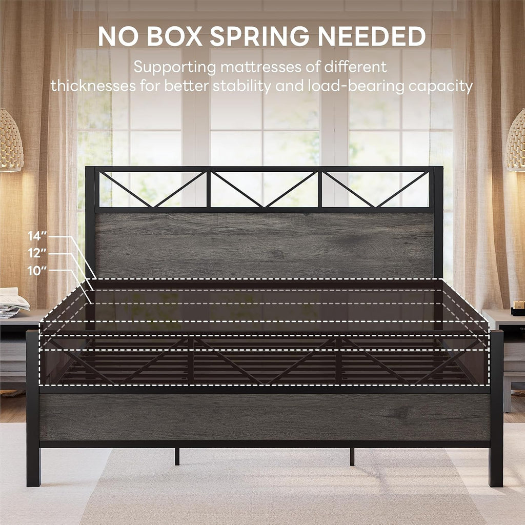 LIKIMIO California King Bed Frame, Tall Industrial Headboard 51.1 ', Platform Bed Frame with Strong Metal Support, Solid and Stable, Noise Free, No Box Spring Needed, Easy Assembly, Charcoal Grey