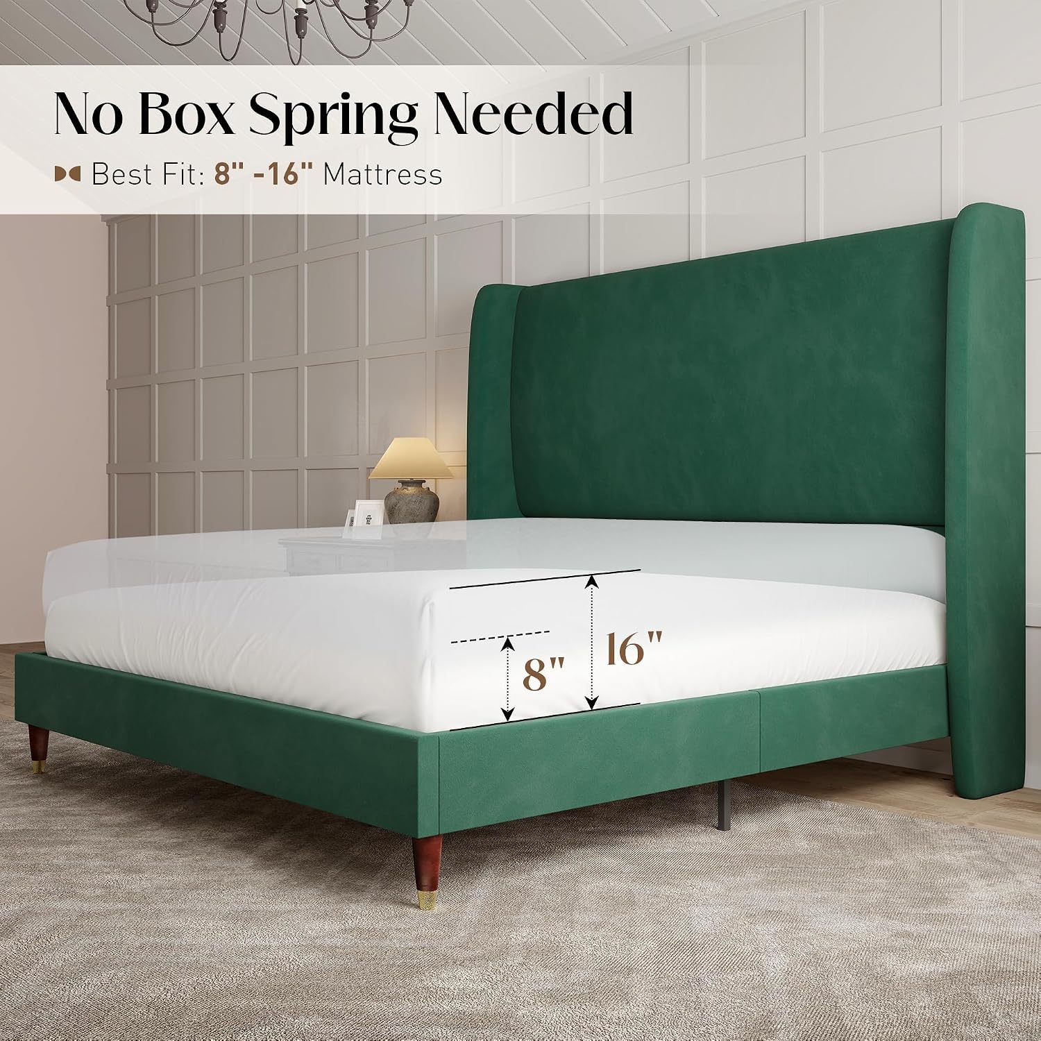 PaPaJet Full Size Bed Frame with 51.2' Wingback Headboard,Velvet Upholstered Platform Bed,Solid Wood Legs,No Box Spring Needed,Noise-Free&Easy Assembly,for Teen Girls, Dorm, Small Bedroom,Green