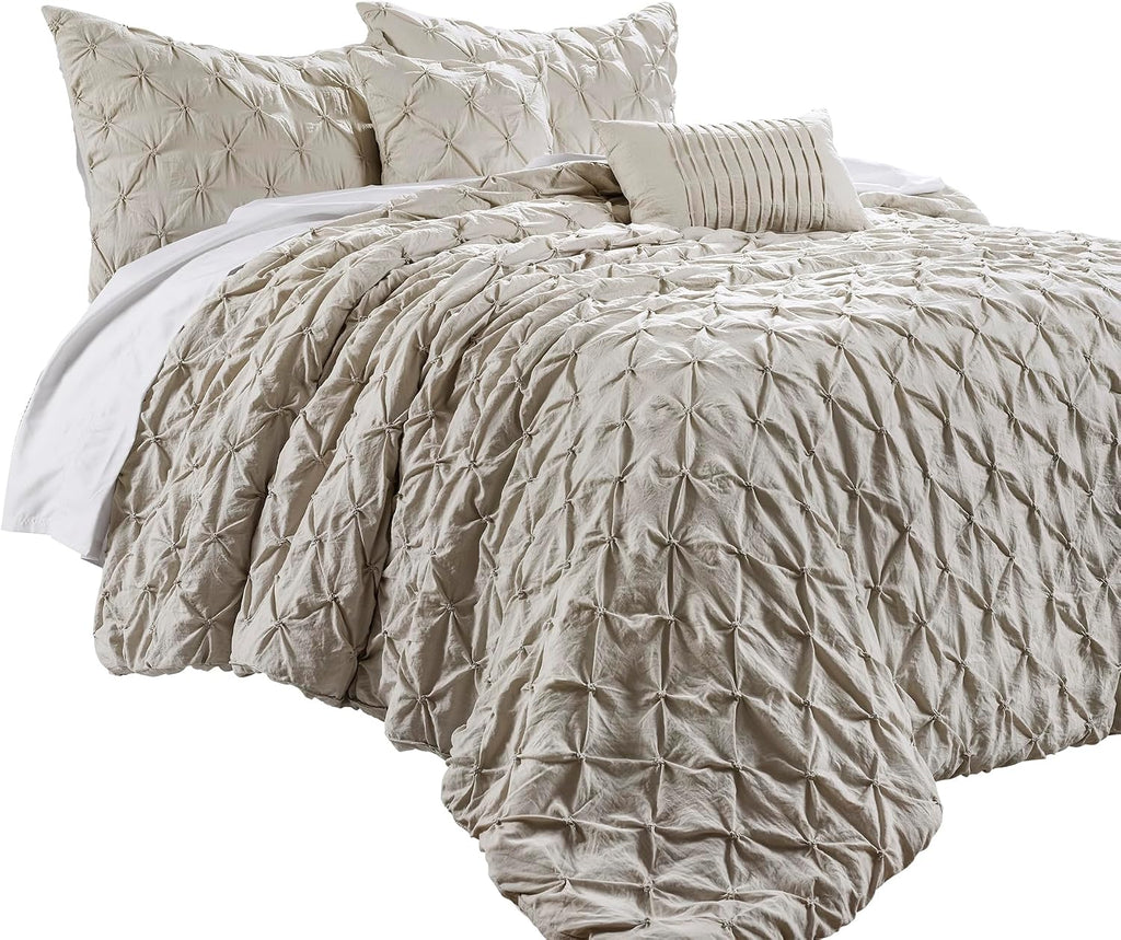 Lush Decor Ravello Pintuck Comforter Set - Luxe 5 Piece Textured Bedding Set - Traditional Glam & Farmhouse Inspired Bedroom Decor - Full/ Queen, Wheat