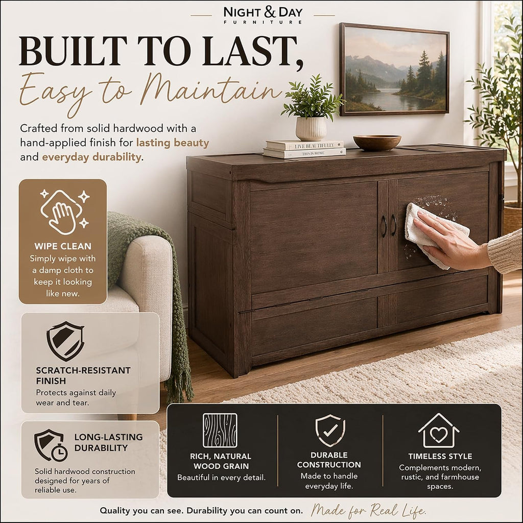 NIGHT & DAY Furniture Murphy Cube Cabinet Bed Queen – Solid Hardwood Fold-Out Space-Saving Portable Cabinet Bed with 6' Gel Memory Foam Mattress – Normandy Brown Finish