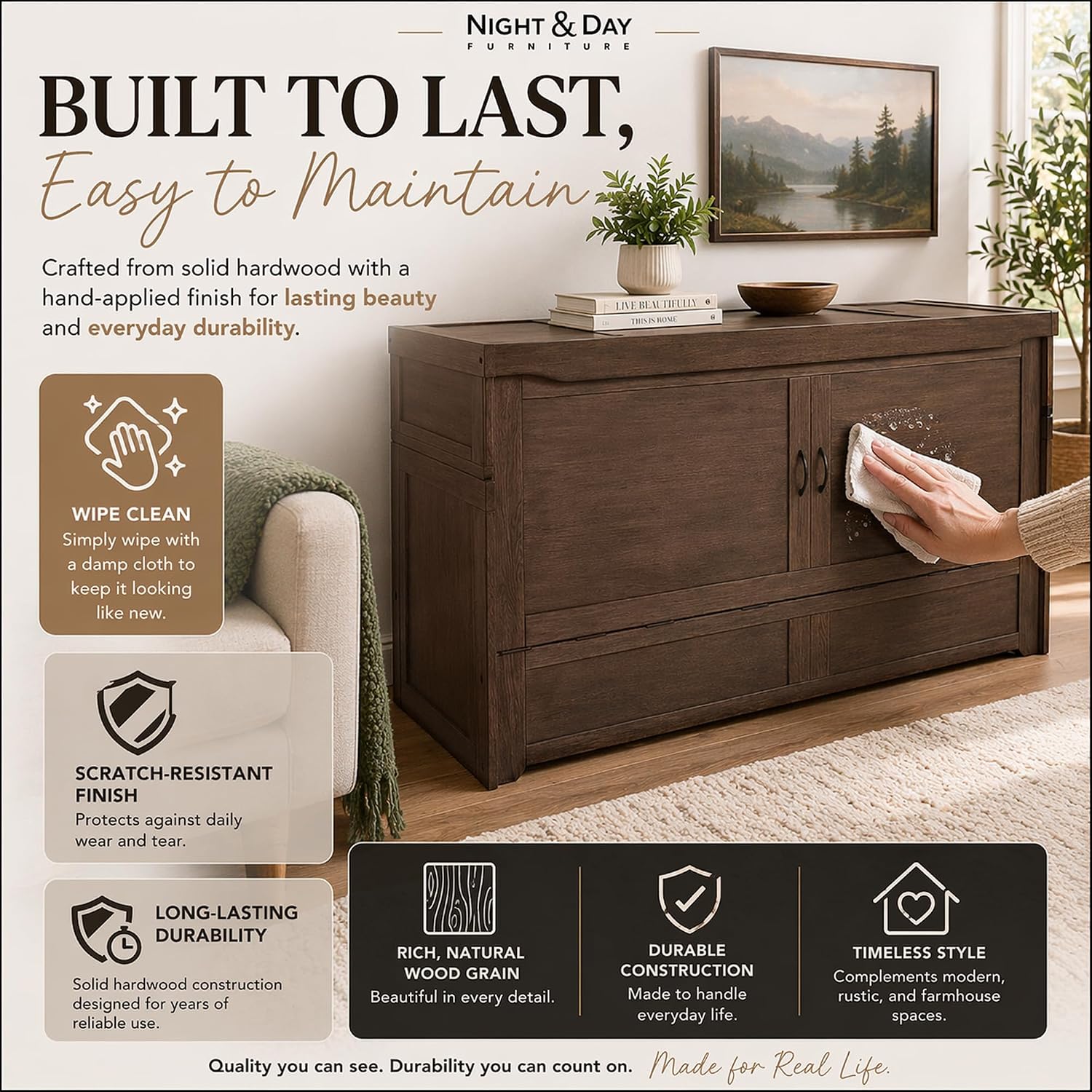 NIGHT & DAY Furniture Murphy Cube Cabinet Bed Queen – Solid Hardwood Fold-Out Space-Saving Portable Cabinet Bed with 6' Gel Memory Foam Mattress – Normandy Brown Finish