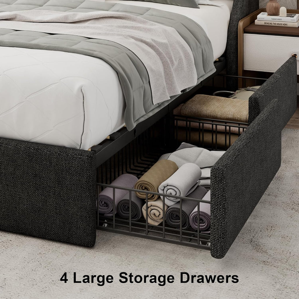 Einhomn Full Size Bed Frame with 4 Storage Drawers, Upholstered Bed Frame with Large Wingback Headboard, Charging Station, No Box Spring Needed, Dark Grey