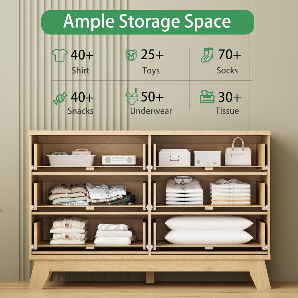 Fluted Dresser for Bedroom with 6 Drawers, 48' Wide Modern Chest of Drawers with Metal Handle, Wooden Dresser TV Stand, Wood Closet Clothes Storage Organizer for Living Room, Hallway, Natural Oak