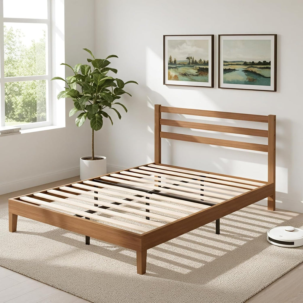 Sweetcrispy Solid Wood Bed Frame - Queen Size Mattress Foundation with Headboard, No Box Spring Needed with 1100LBS Sturdy Wooden Slats Support, Noise Free, Easy Assembly