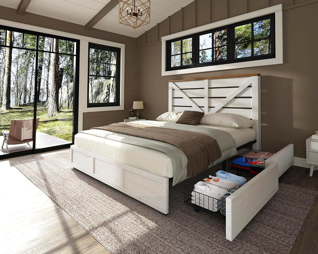AMERLIFE King Size Farmhouse Bed Frame with 4 Drawers, Wooden Storage Bed Frame with Headboard and Heavy Duty Metal Slats, Noisy Free, Easy Assemble, White/Barnwood