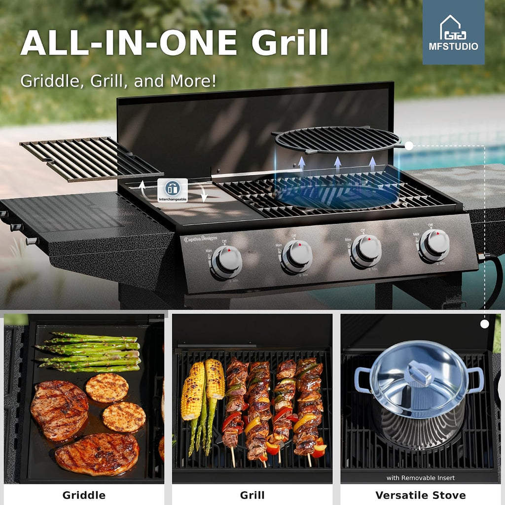 MFSTUDIO Gas Griddle Flat Top Grill, 4 Burner Propane Grill Combo with Porcelain-Enameled Cast Iron Grates, 482 SQ.IN. Cooking Area, 52,000 BTU High Output for Outdoor Patio Barbecue and Meals