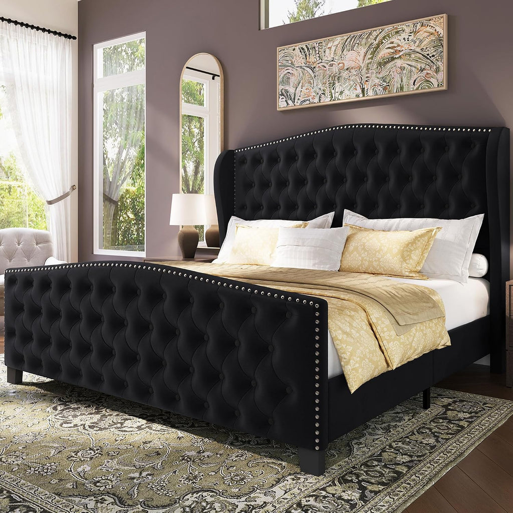 BRELTAM Upholstered King Size Bed Frame Velvet Black Tufted Platform Bed Frame with Wingback Headboard & Footboard, with Deep Button Tufted & Nailhead Wooden Slats Support, No Box Spring Needed