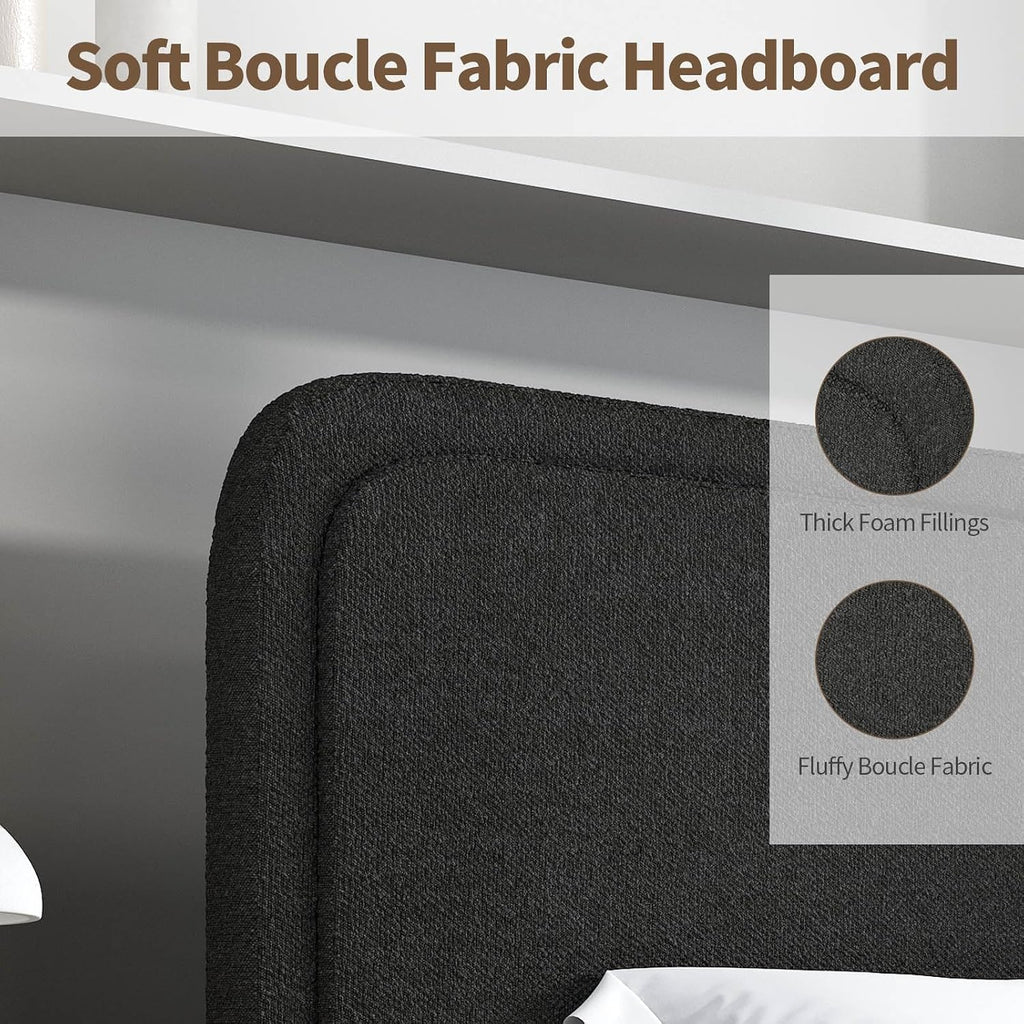 BarnFurin Boucle Upholstered California King Bed/Soft Rounded Corners Headboard/Low Profile Bed Frame/No Box Spring Needed/Non-Slip and Noise-Free/Black