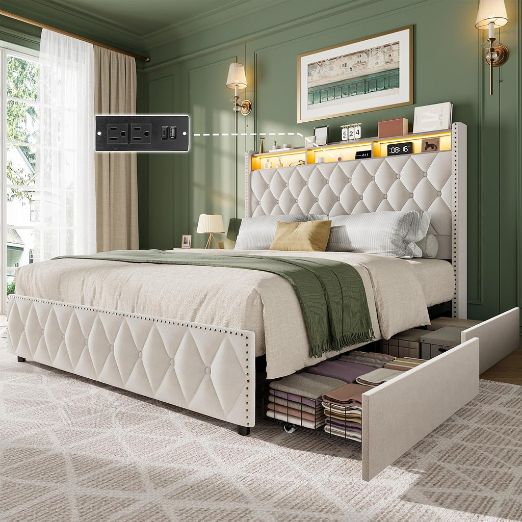 GarveeHome Queen Bed Frame with 50.8 in Tall Headboard, Platform Velvet Upholstered Bed Frame with 4 Storage Drawers, USB Charging Station, Led Lights, No Box Spring Needed, Easy Assembly, Beige