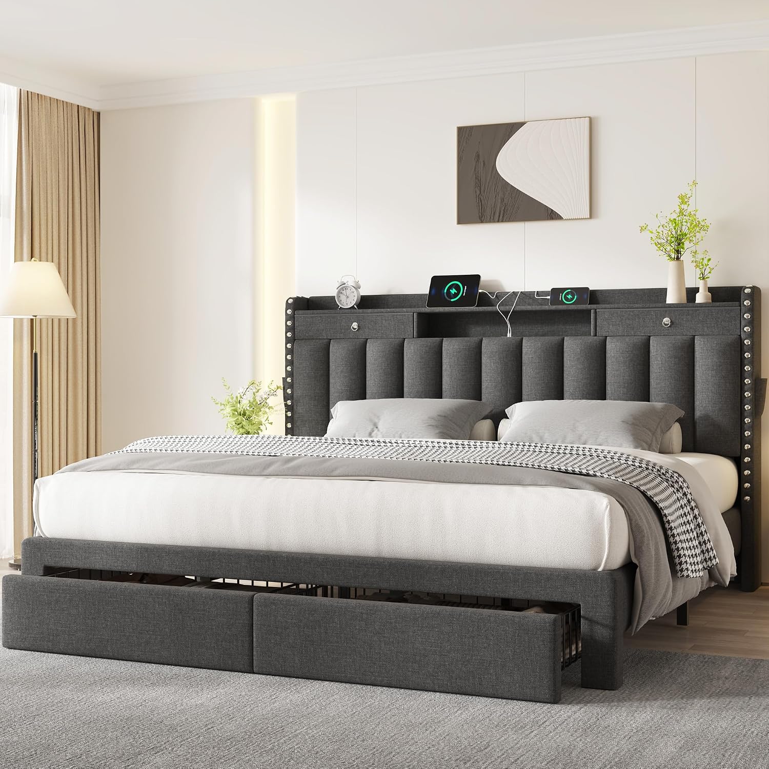 CypBed Queen Bed Frame with Headboard, Upholstered Platform Bed Frame Queen Size with 4 Storage Drawers, 3 USB & Type-C Charging Ports, Solid Wood Slats, No Box Spring Needed, No-Noise, Dark Grey,Gift