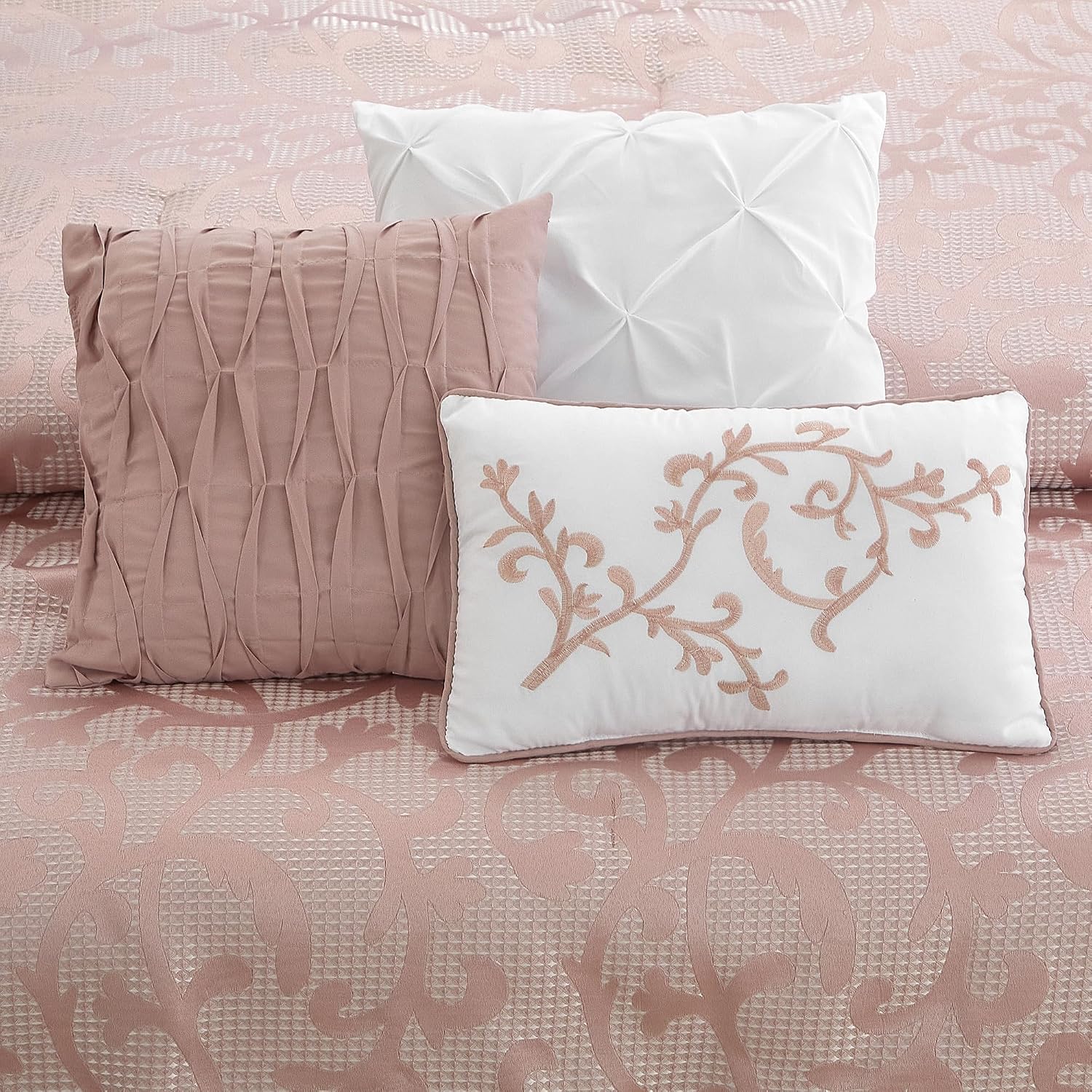 LANCO MODERN LIFESTYLE Blush Queen Comforter Set, Classic Jacquard Floral 14 Pieces Bedding Set, Ultra Soft for All Seasons, Sheets, Bedskirt, Throw, Matching Shams and Decor Pillows
