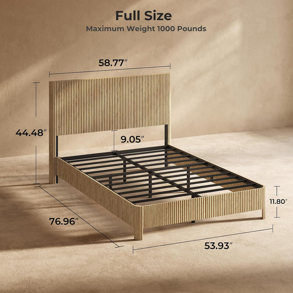 Evermagin Oak Full Bed Frame with Headboard, Mid Century Modern Fluted Platform Bed, Boho Wooden Bed Base No Box Spring Needed, Wavy Grooved Panel