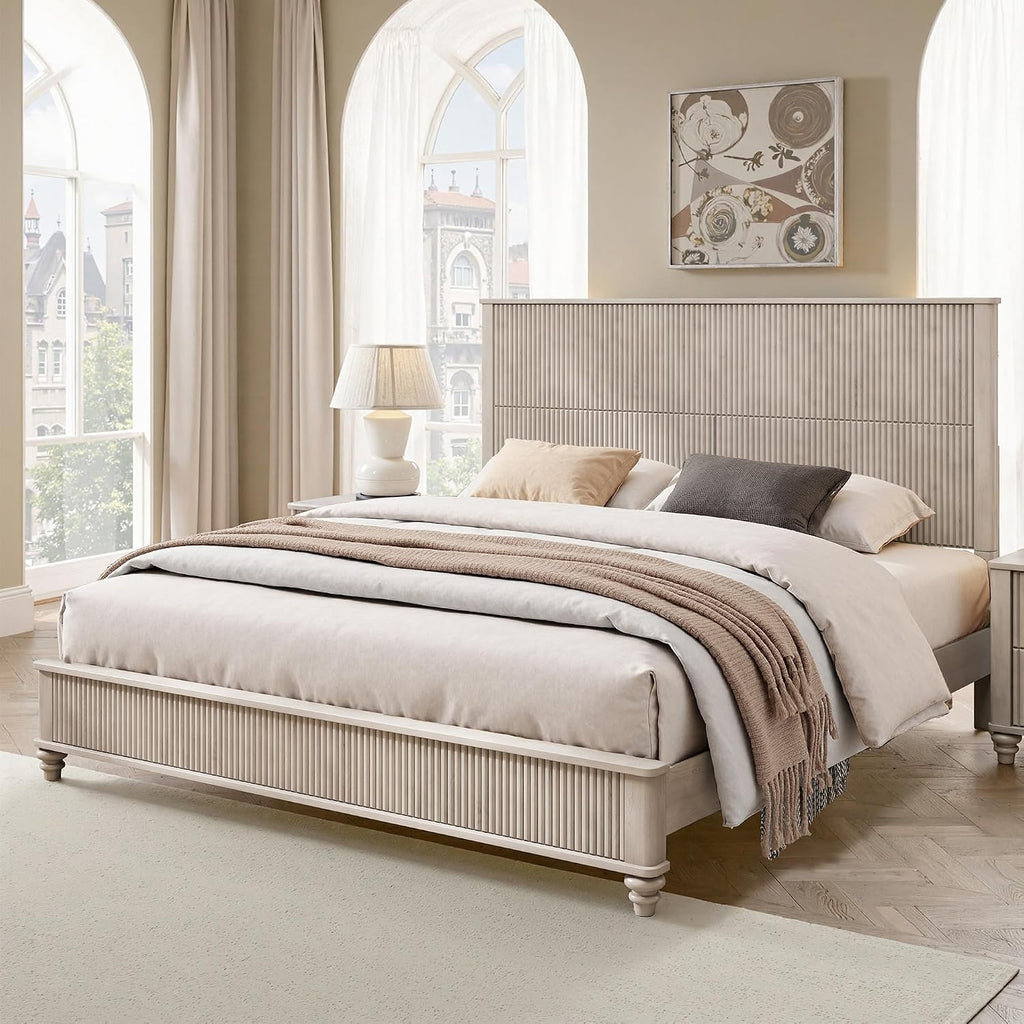 Mirightone King Size Platform Bed with Tall Headboard & Footboard,Rubber Wood King Bed Frame with Wood Panel Bed Base, Solid Wood Legs,No Squeak, No Box Spring Needed, Beige
