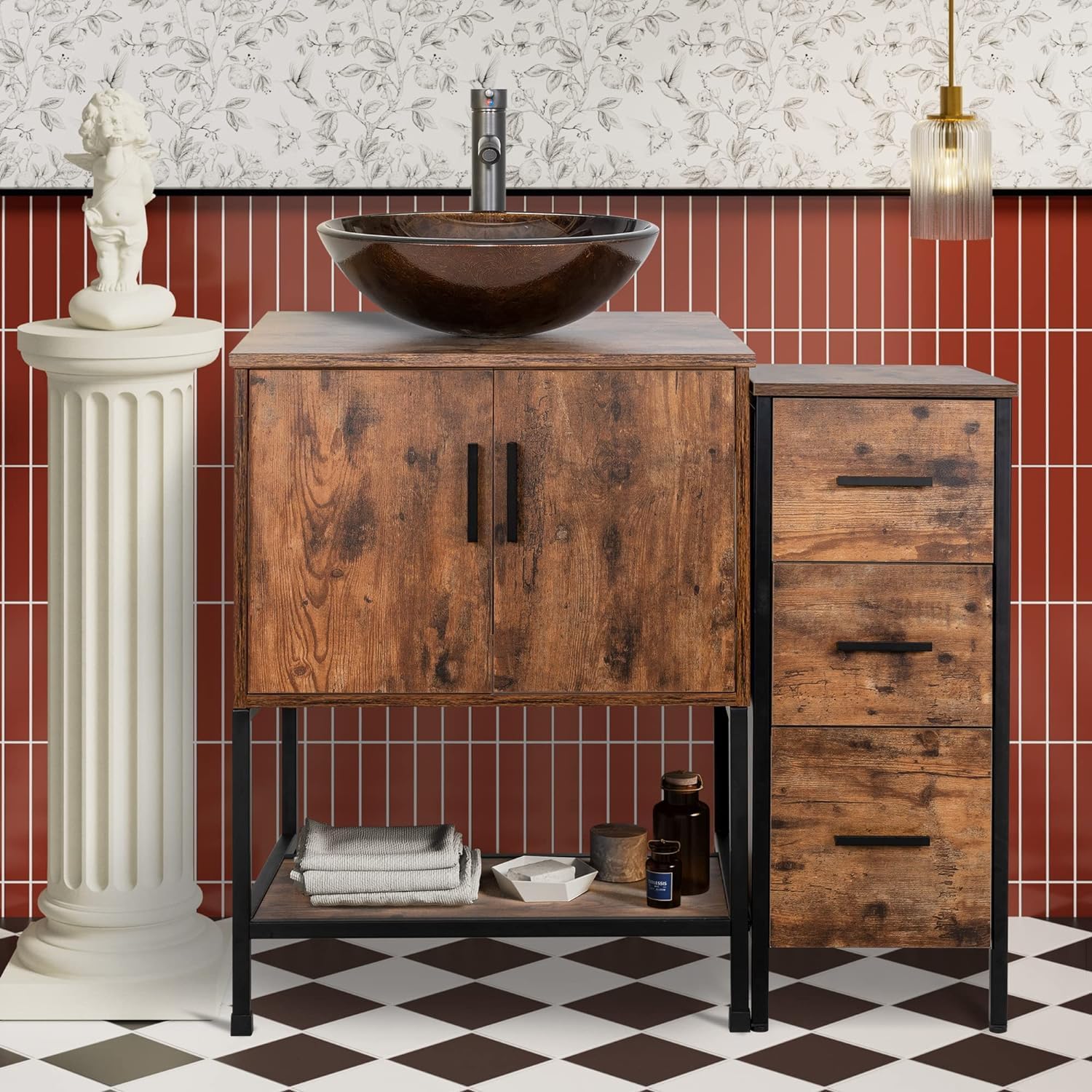 UEV 36' Antique Bathroom Vanity, Dark Brown Bathroom Vanity Set with Sink and 3 Drawers Side Cabinet Combo, Iron Wood Bathroom Cabinet with Adjustable Water Temperature Faucet (A09-NEW)