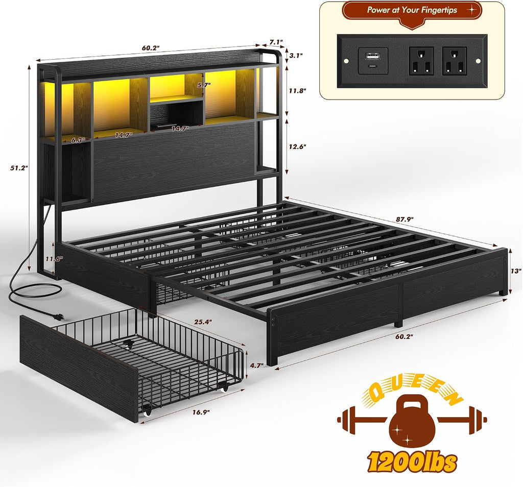 Homkdom Queen Bed Frame with Storage Headboard & 4 Large Drawers Bed Frame Queen Size with 51' Tall Headboard 9 Compartments Led Lights & Charging Station,No Box Spring Needed, No Noise,Black