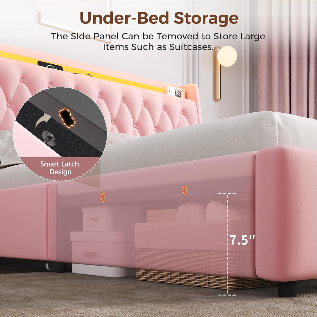 Queen LED Velvet Bed Frame with 2 Storage Drawers&Hidden Headboard, Upholstered Platform Bed with Charging Station&Button Tufted Design, Wooden Slats Support, Box Spring Optional, Easy Assembly, Pink