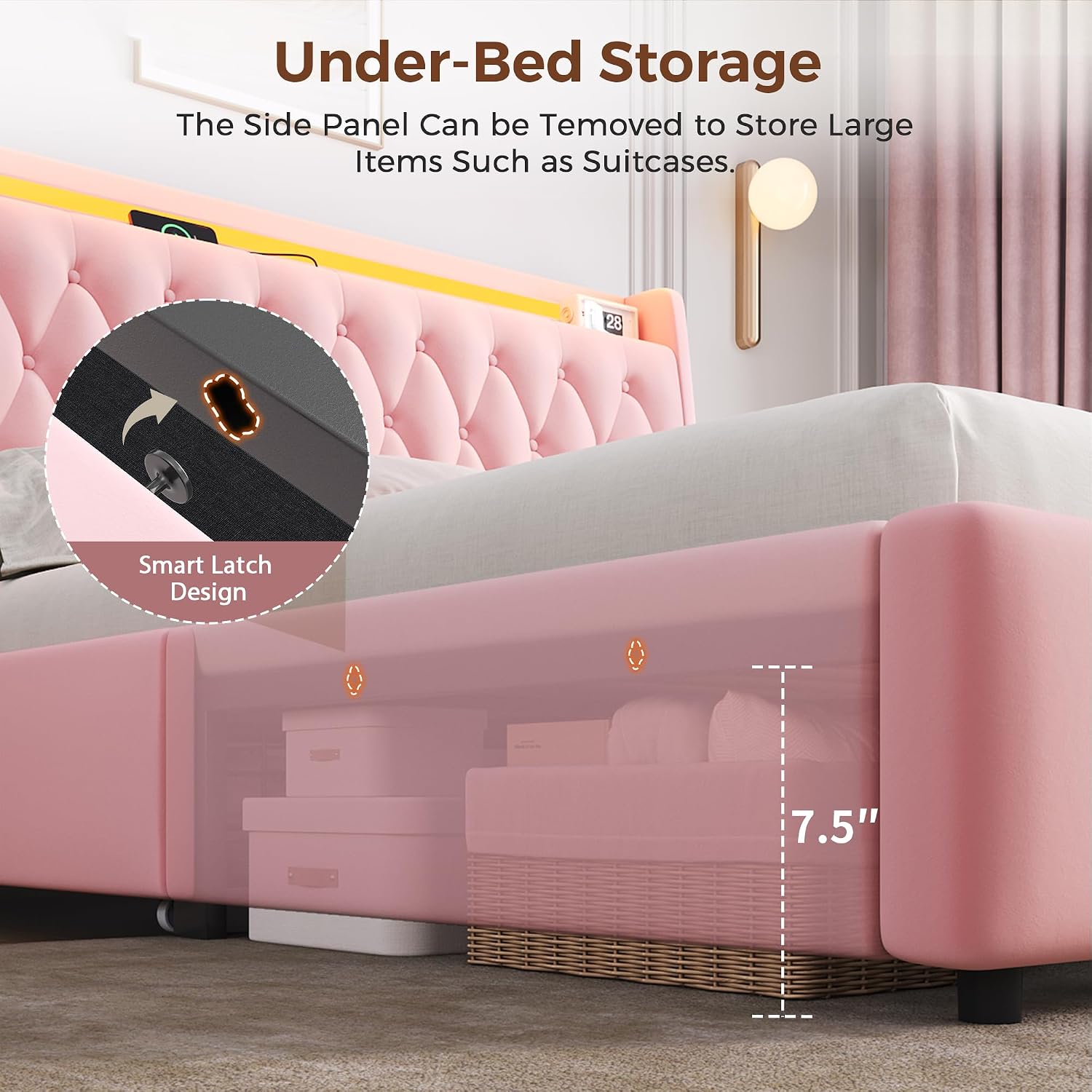 Queen LED Velvet Bed Frame with 2 Storage Drawers&Hidden Headboard, Upholstered Platform Bed with Charging Station&Button Tufted Design, Wooden Slats Support, Box Spring Optional, Easy Assembly, Pink