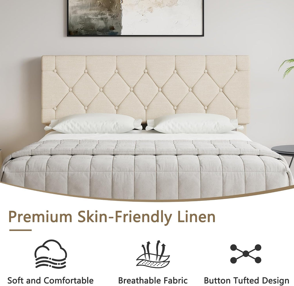 VECELO Queen Bed Frame with Button Tufted Headboard, Upholstered Platform with Wooden Slat Support, No Box Spring Needed, Cream Beige