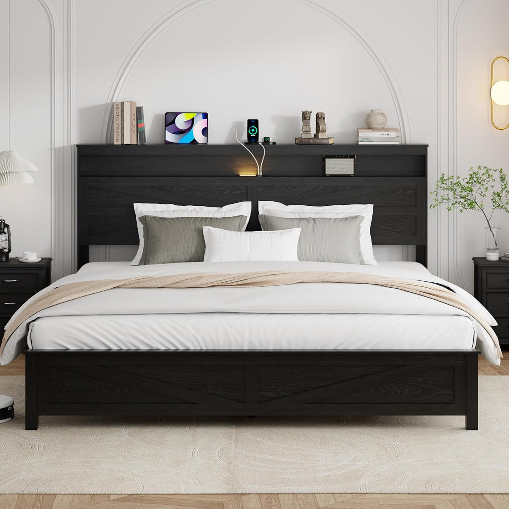 King Size Bed Frame with Headboard, Rustic Farmhouse Wood Bed Frame with LED Lights and Charging Station, Easy Assembly, No Box Spring Needed (Black, King)