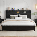 King Size Bed Frame with Headboard, Rustic Farmhouse Wood Bed Frame with LED Lights and Charging Station, Easy Assembly, No Box Spring Needed (Black, King)