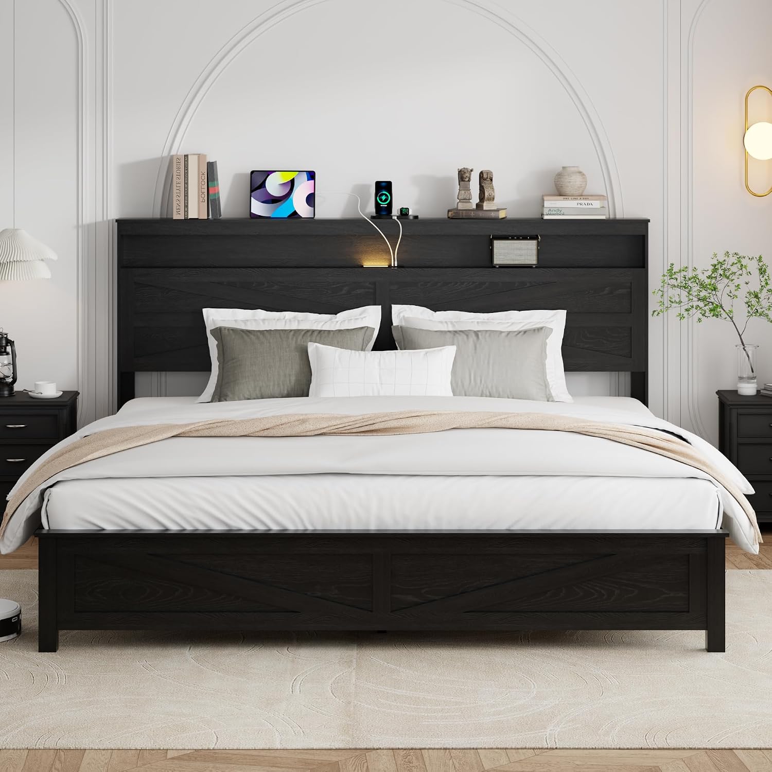 King Size Bed Frame with Headboard, Rustic Farmhouse Wood Bed Frame with LED Lights and Charging Station, Easy Assembly, No Box Spring Needed (Black, King)