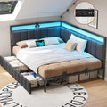 DICTAC Corner Full Bed Frame with 2 Storage Drawers and Charging Station Full Size Platform Bed Frame with Led Lights and Upholstered Guardrail Full Size Daybed for Teen/Adult with Storage,Gray