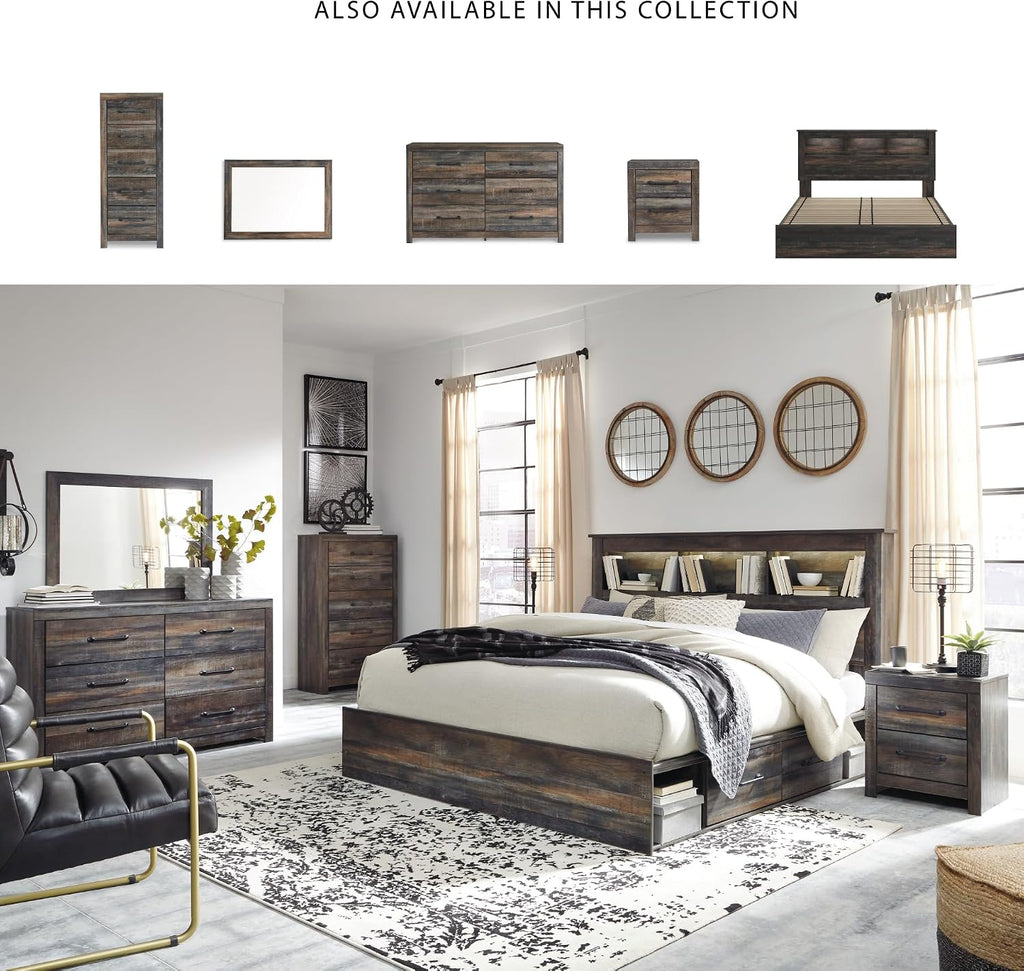 Signature Design by Ashley Drystan Rustic King Bookcase Bed with 2 Storage Drawers, Open Cubbies and LED Light, Foundation or Box Spring Not Needed, Dark Brown & Gray