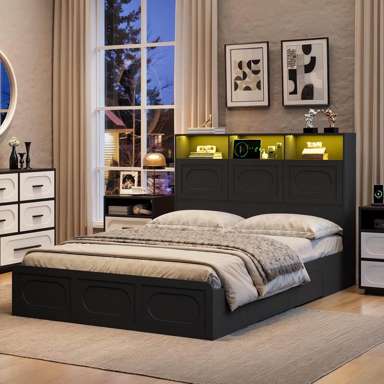 2 Pieces Bedroom Set, Queen Size Bed Frame with Storage Headboard, Nightstand with Charging Station, Black