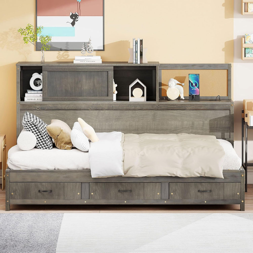 Merax Twin Size Daybed with 3 Storage Drawers,Headboard with Shelf,A Set of Sockets and USB Ports,Grey