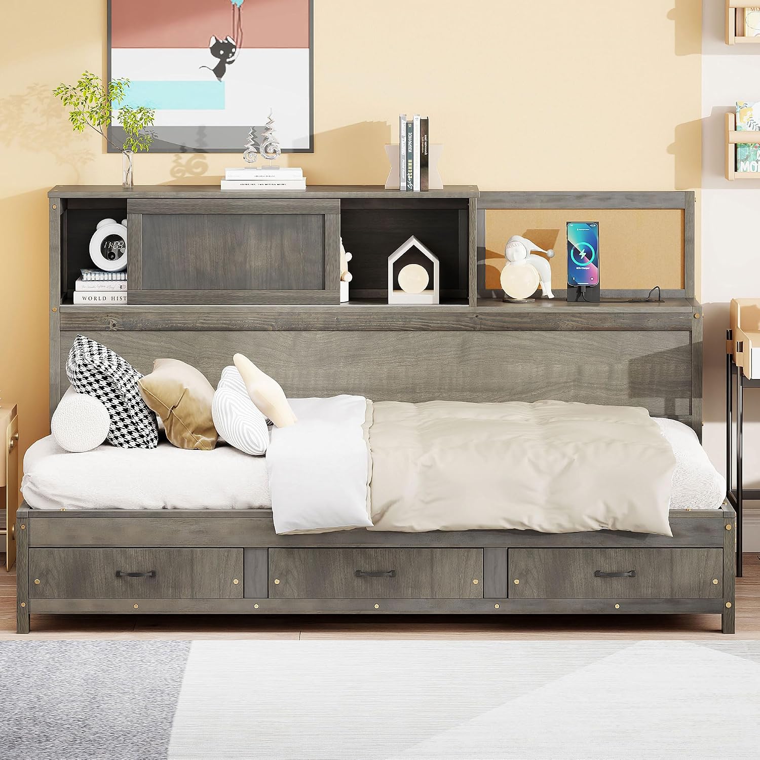 Merax Twin Size Daybed with 3 Storage Drawers,Headboard with Shelf,A Set of Sockets and USB Ports,Grey
