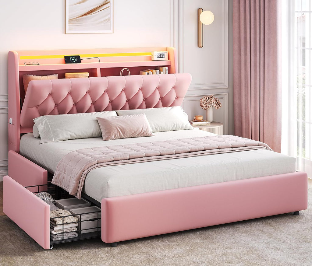 Full LED Velvet Bed Frame with 2 Storage Drawers&Hidden Headboard, Upholstered Platform Bed with Charging Station&Button Tufted Design, Wooden Slats Support, Box Spring Optional, Easy Assembly, Pink