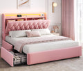 Full LED Velvet Bed Frame with 2 Storage Drawers&Hidden Headboard, Upholstered Platform Bed with Charging Station&Button Tufted Design, Wooden Slats Support, Box Spring Optional, Easy Assembly, Pink