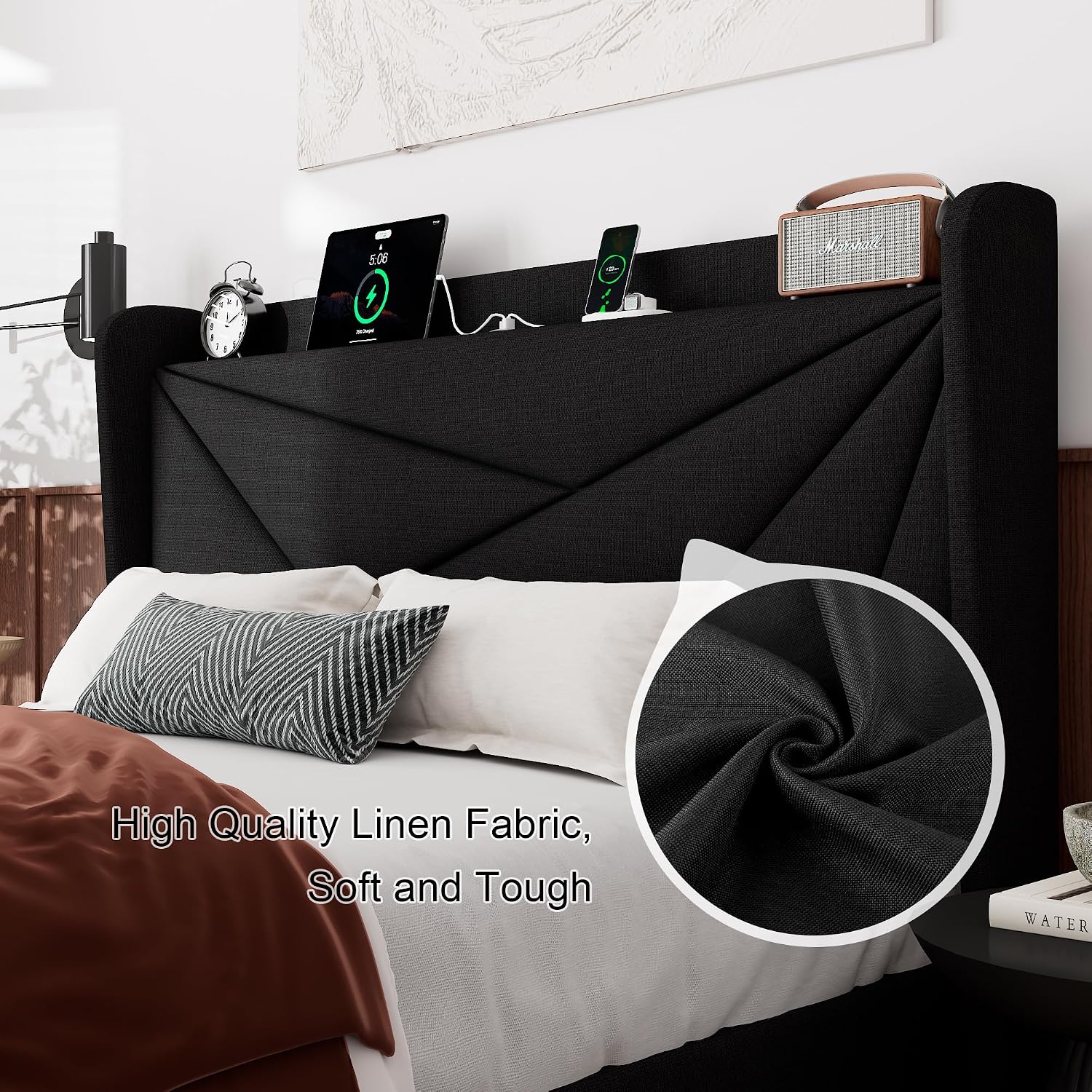 Feonase Full Size Bed Frame with Charging Station, Linen Upholstered Platform Bed Frame with Wingback Storage Headboard, Solid Wood Slats Support, No Box Spring Needed, Noise Free, Black