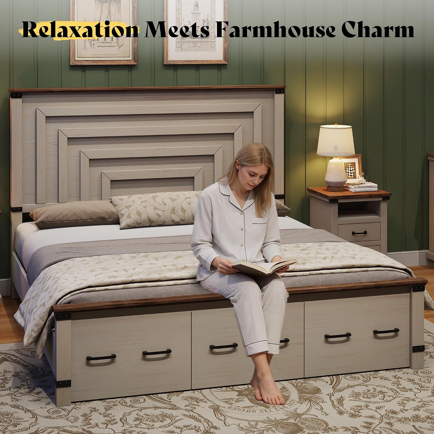 AMERLIFE Farmhouse King Size Bed Frame with 51' Tall Geometric Headboard & Footboard, Rustic Wood Platform Bed Frame/w 3 Large Storage Drawers, Wood Slats Support, No Box Spring Needed, Rustic White