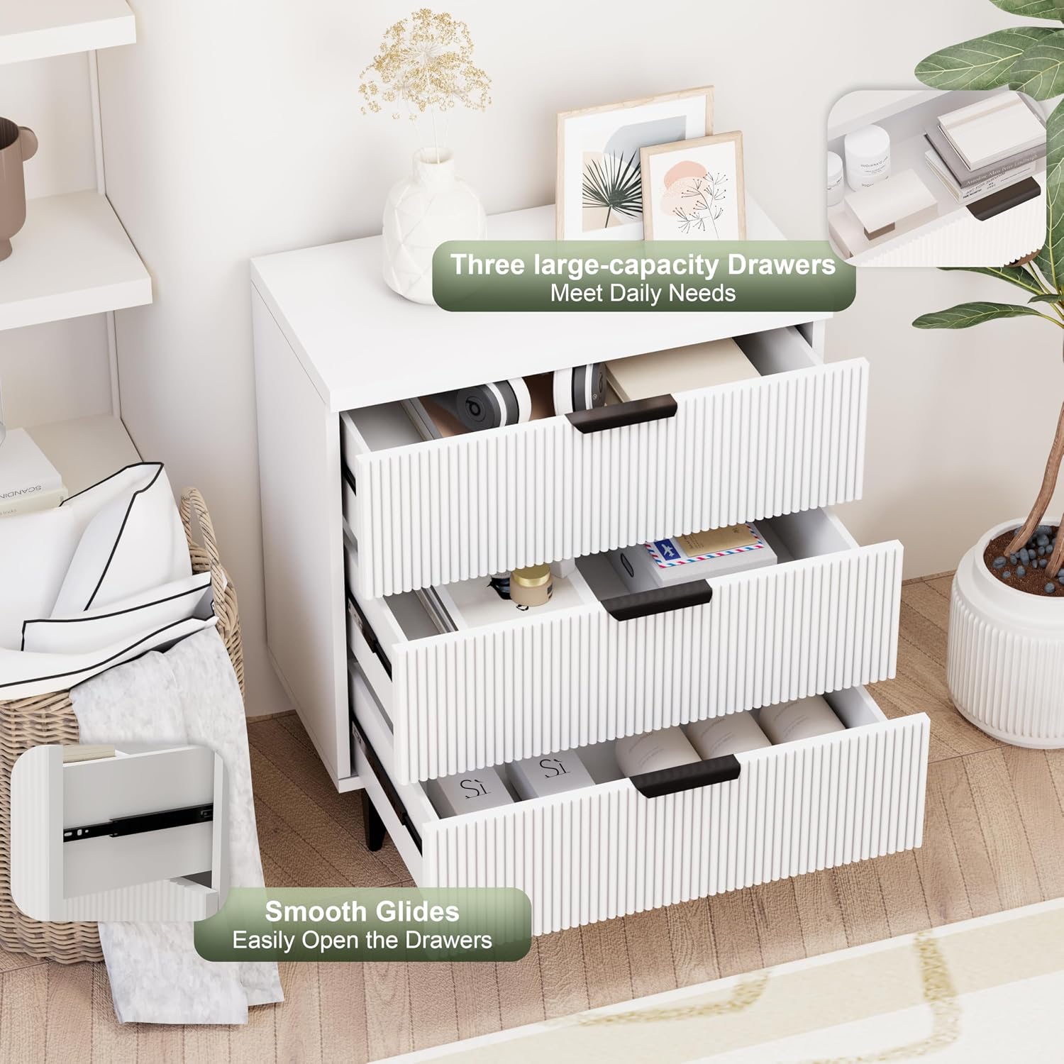 Royal Windsor Large Night Stand Fluted Nightstand with 3 Drawers, Side End Table with Storage, Modern Oversized Nightstands Bedside Table for Bedroom, White