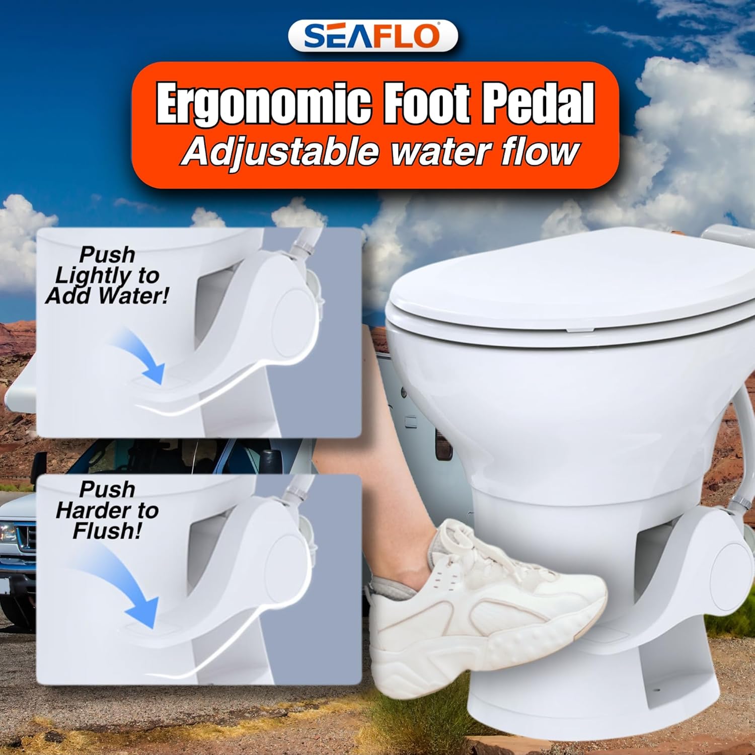 SEAFLO Porcelain RV Toilet with Elongated Bowl, 19' Residential Height, Gravity Flush, Foot Pedal Flush, Soft Close Seat, Easy Install, Camper Toilet, 4-Year Warranty, SFRTCH-02-01