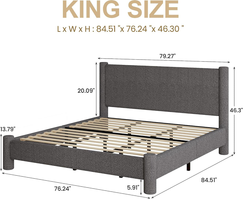 REVOMINCA King Size Bed Frame, Boucle Upholstered Platform Bed with Headboard and Footboard, Soft Rounded Corners, No Box Spring Required, Easy Assembly, Dark Grey