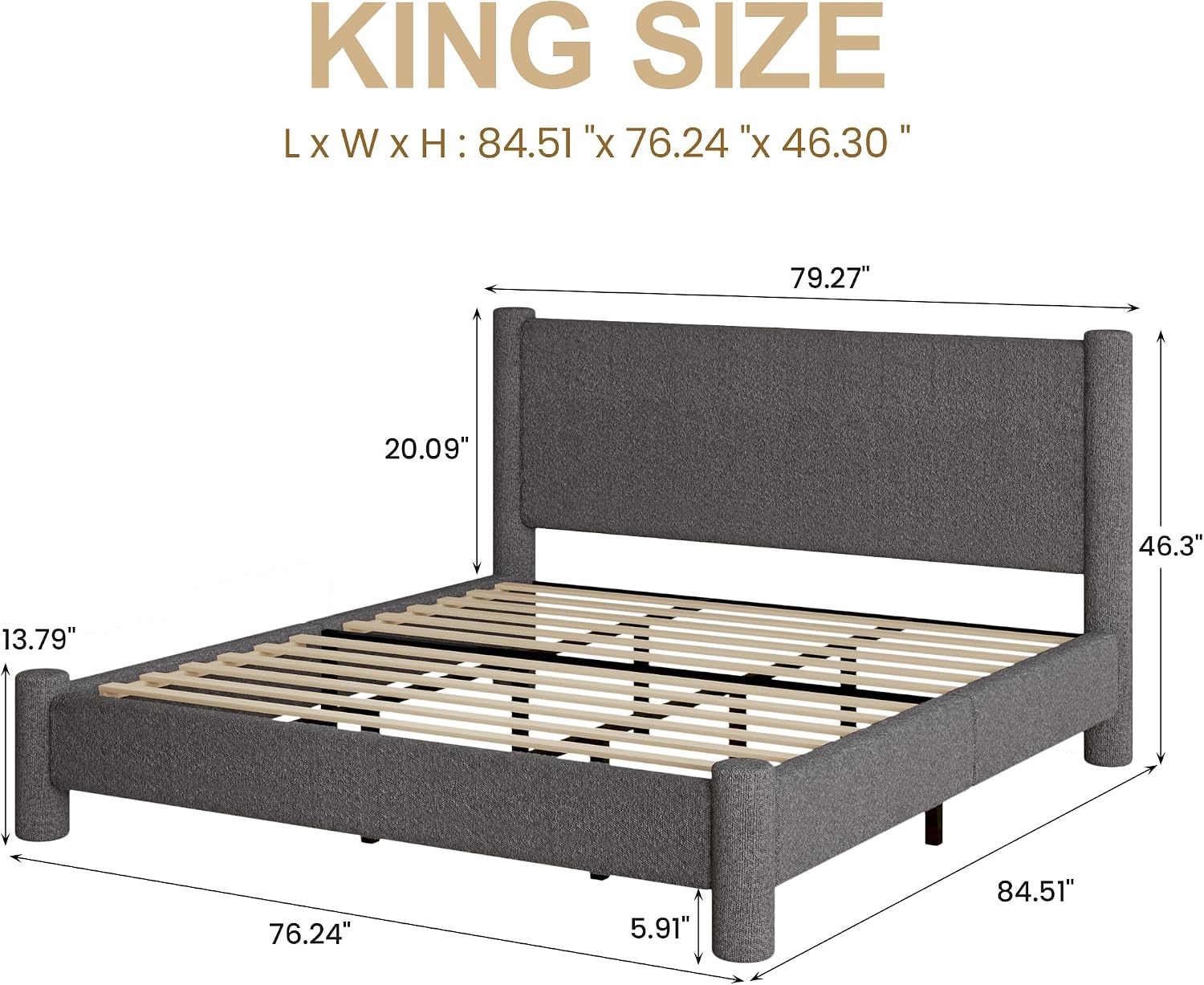 REVOMINCA King Size Bed Frame, Boucle Upholstered Platform Bed with Headboard and Footboard, Soft Rounded Corners, No Box Spring Required, Easy Assembly, Dark Grey