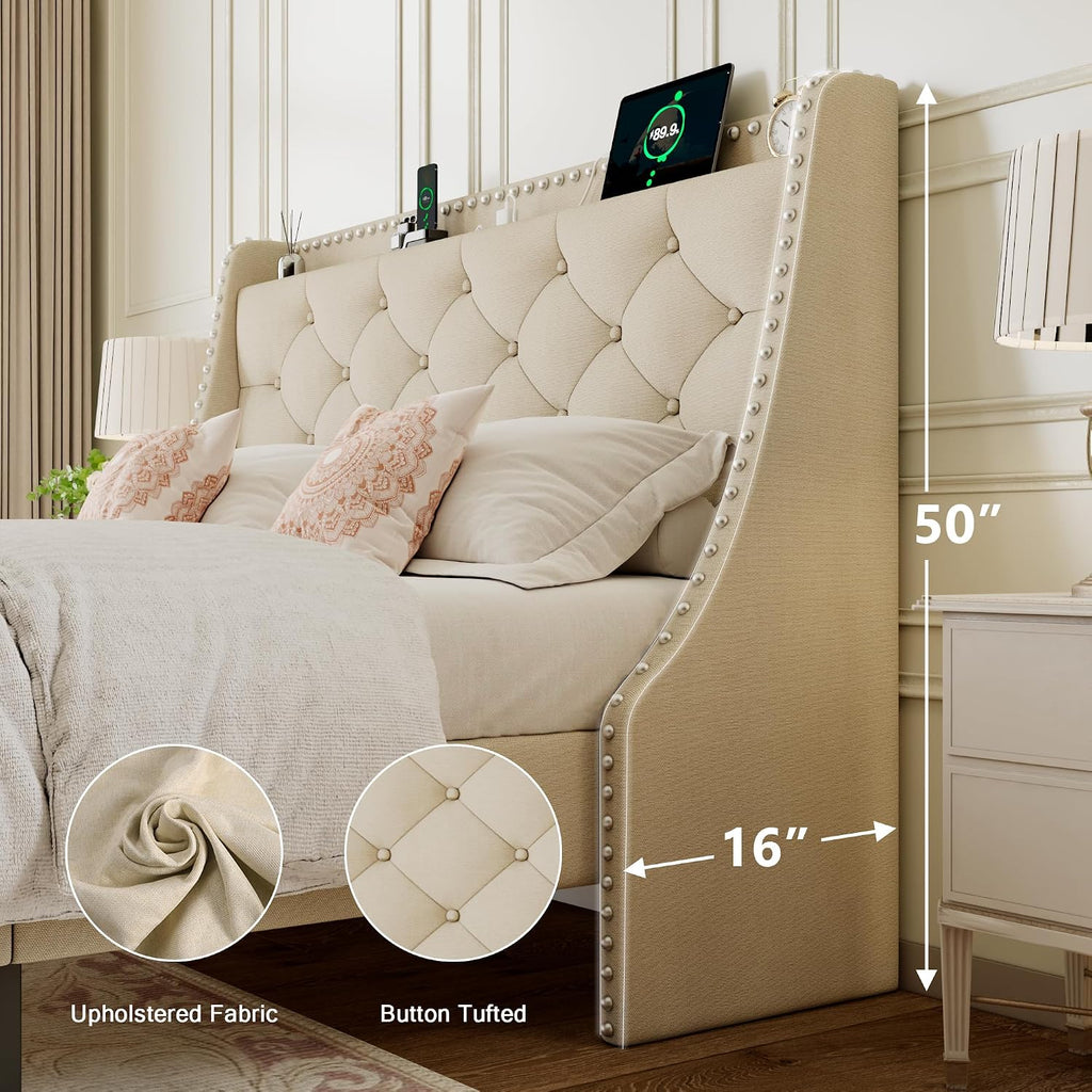 Einhomn Queen Size Bed Frame with Wingback Button Tufted Storage Headboard and Type AC Ports, Upholstered Platform Bed, Wooden Slats Support, No Box Spring Needed, Noise-Free, Beige